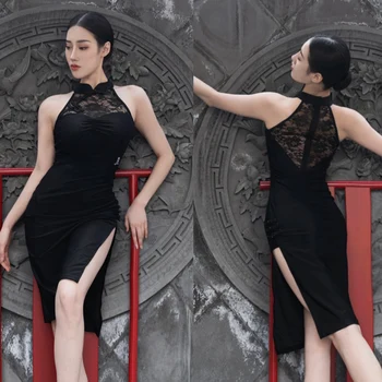 Latin Dans Elbise Çin Tarzı Cheongsam Yetişkin Kadın ChaCha Rekabet Elbise Dantel Dikiş Rumba Dans Elbise YS3978