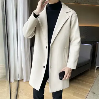 2023 Kış Beyaz Zarif Uzun trençkotlar Erkek Haki Kore Moda İnce Yün Palto Erkek Bej Uzun Ceketler Sonbahar Siyah Yeni