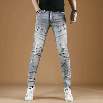 Ücretsiz Kargo Yeni Motosiklet Pantolon erkek Moda Marka Kore Slim Fit Ayak Moda Kot Erkekler Yaz Yönlü Elastik Pantolon