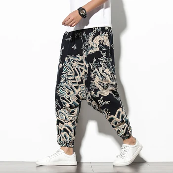 Erkekler Geleneksel Tarzı 2021 Yaz Ejderha Baskılı Rahat Pamuk harem pantolon Kore Tarzı Gevşek Hip Hop Streetwear Erkek Pantolon