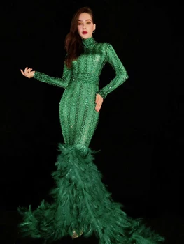 Yeşil Shining Rhinestones Seksi Uzun Mermaid Elbise Kadınlar İçin Akşam Parti Giyim Sahne Şarkıcı Kostümleri Sürükle Kraliçe Kıyafetler