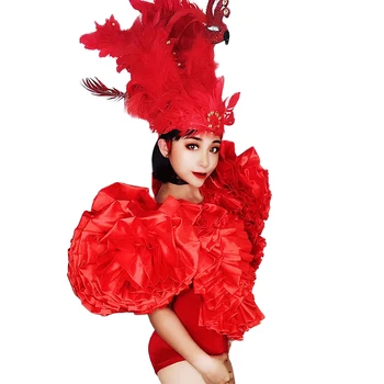 Kırmızı Tüyler Basamaklı Fırfır Bireysel Dekorasyon Bodysuit Şapkalar Kişilik Performans Kostüm Bayanlar Gece Kulübü Kostümleri