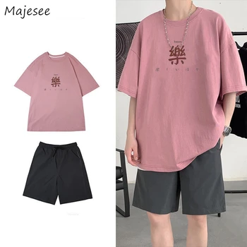 Setleri Erkekler Yaz Büyük Boy Rahat kısa kollu tişörtler Çin Elemanları Joggers Diz Boyu İnce Streetwear Camisetas Harajuku