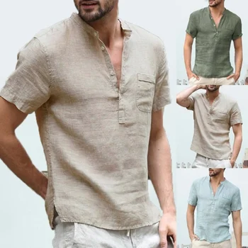 Yeni Yaz Rahat erkek Nefes Keten Düğme V yaka T-shirt