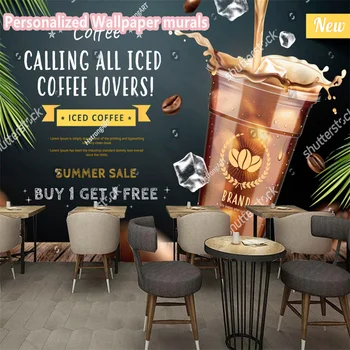 Özel Buzlu Kahve Yazı Tahtası Duvar Kağıdı 3D Soğuk İçecek Mağazası Kahve Dükkanı Cafe Dekor Duvar Kişilik Snack Bar duvar kağıdı 3D