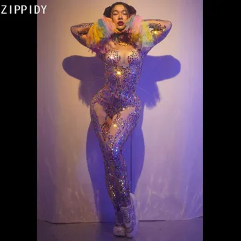 Çok renkli Sequins Spandex Tulum Uzun Kollu Doğum Günü Balo Bar Kıyafet Kadın Dansçı Şarkıcı Gösterisi Tayt Kıyafet