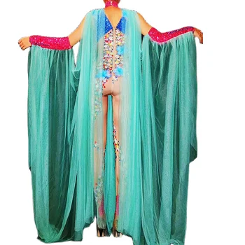 Çıplak Shining Sparkly Kristal Rhinestones Kadınlar Seksi Tulum Yeşil Şal Moda Model Giyim Rave Sürükle Kraliçe Giyim