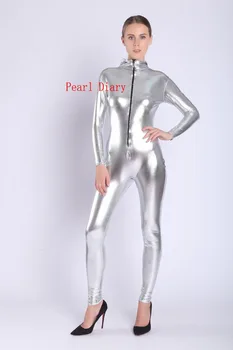 Kızın seksi gümüş Parlak Metalik tulumlar unisex Leotard Catsuit bodysuit Tayt ön fermuar kapşonlu