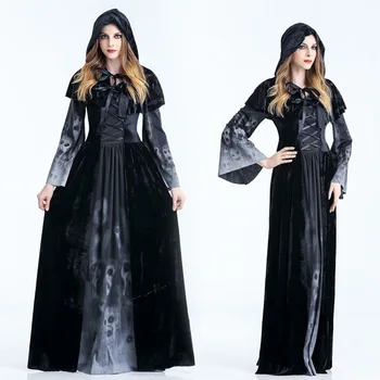 Cadılar bayramı Vampir Kostüm Yetişkin Masquerade Grim Reaper Pelerin Siyah Pelerin İskelet Cadı uzun elbise herhangi bir rakam için Uygun