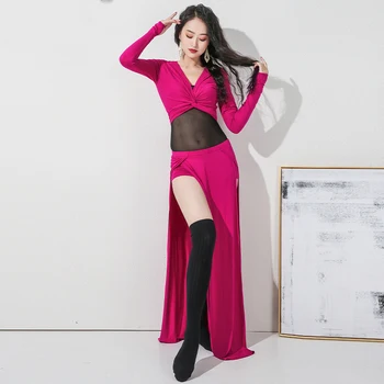Oryantal Dans Elbise Modal V Yaka Üst Bölünmüş Uzun Etek Uygulama Giysi Set Kadın Yetişkin Meslek Performans Giyim
