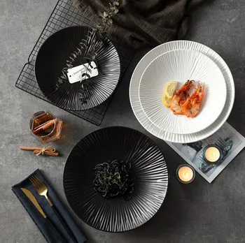 Ins Japon renkli sır yemek tabağı yaratıcı batı restoran beyaz siyah ray kahvaltı salata tabağı seramik sofra