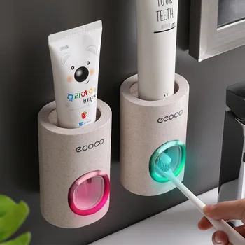 ECOCO Otomatik Diş Macunu Dağıtıcı Tutucu Banyo Aksesuarları Seti Diş Fırçası Tutucu Diş Fırçası Duvara Monte Raf