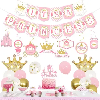 Funmemoir Prenses Bebek Duş Süslemeleri Kız Pembe Bu Bir Prenses Afiş Asılı Girdap Kek Toppers Taç Folyo Balonlar