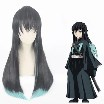 Anime iblis avcısı Kimetsu Hiçbir Yaiba Tokitou Muichirou Ponytails Peruk Cosplay Kostüm İsıya Dayanıklı Sentetik Saç Uzun Peruk