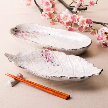 12 İnç Çiçek Baskılı Altında Sırlı seramik tabaklar ve Tabaklar Porselen Oval Japonya Zakka Tarzı Suşi Yemek Çatal Porselen