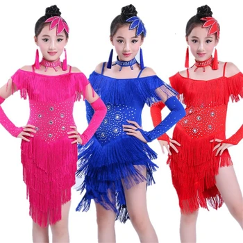 Songyuexıa Çocuklar latin dans elbiseleri Kızlar için Saçak Elbise Püskül Salsa Pullu Sahne Balo Salonu Performans Dans Uygulama