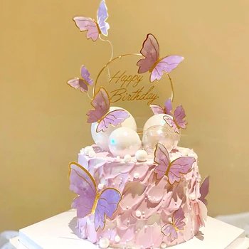 Mor Kelebek Kek Dekorasyon Mutlu Doğum Günü Pastası Topper El Yapımı Boyalı Düğün Doğum Günü Partisi İçin Bebek Duş