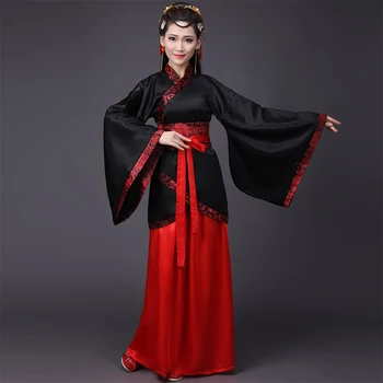 Siyah ve Kırmızı Çin Hanfu Dans Kostümleri Kadınlar İçin Prenses Elbise Geleneksel Çin Halk Dansçı Kostüm Performans Giyim