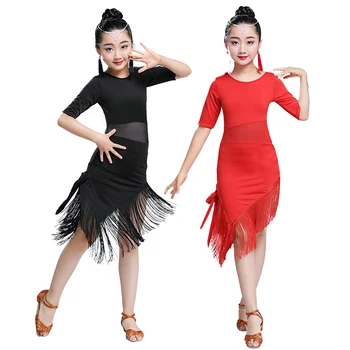 Püskül Latin Dans Elbise Kızlar İçin Çocuk Salsa Tango Balo Salonu Dans Elbise Yarışması Kostümleri Çocuklar Uygulama Dans Giyim