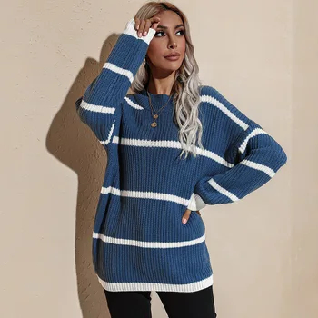 Kadın Giyim Sonbahar ve kışlık kazak Bluz O-boyun Gevşek Moda Çizgili Örme Uzun Kollu Bayan Kazak Bluzlar Blusas