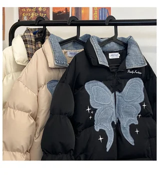 Yeni kelebek denim yama yaka pamuklu ceket erkek 2022 kış rahat gevşek severler kalın sıcak tutan kaban kadın ekmek ceket