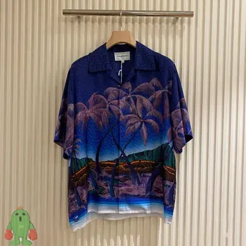 Yaz Kazablanka Gömlek mavi günbatımı palmiye baskı ipek kısa kollu plaj gömlek