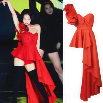K-pop Kore Kız Grubu Sahne Kadın Kırmızı Off-Omuz Düzensiz Elbise Konser Kıyafetler Rave Giyim Kız Seksi Performans Kostüm