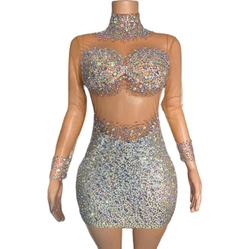 Seksi Lüks AB Rhinestones Kısa Elbise See Through Kristal Gece Kulübü Parti Doğum Günü Elbise Performans Kostüm Gösterisi Sahne Giyim