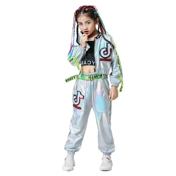 Yeni Çocuk Performans Giyim Erkek Hip-Hop Seti Kız Gümüş Renk Caz dans kostümü Podyum dans kostümü Serin Rave Kıyafetler