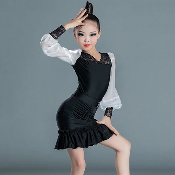 2022 Latin Dans Elbise Kostüm Kızlar Puf Kollu Üst Siyah Etekler Çocuklar balo kıyafetleri Balo Salonu Yarışması Uygulama Elbise SL5520