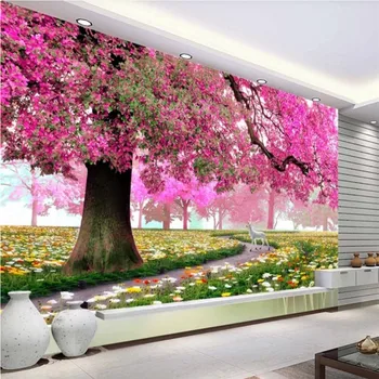 Çiçek duvar kağıdı 3D Kırmızı Kiraz Ağacı Çiçekler Çiçeklenme Birlikte Güzel Sahne Duvar Kağıdı Oturma Odası Yatak Odası Duvarları için 3D