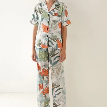 2021 Yeni Pijama Seti Yaprak Baskı Yaz Kısa Kollu İpek Pijama Dantel-Up Pantolon Hırka Gevşek Ev Giysileri Bayanlar