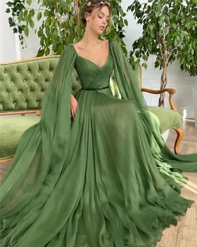 Funyue Dökümlü Zeytin Yeşili Şifon Abiye giyim Kadınlar için Zarif Parti A-Line Seksi Bacak Yarık balo kıyafetleri Uzun Kat Kollu