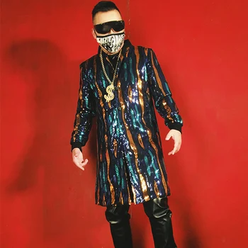 Renkli Parlak Trend Erkek Şarkıcı DJDS Sequins Performans Kostüm Uzun Ceket Gece Kulübü Saç Stilisti GOGO Bar Sahne Giyim Erkekler