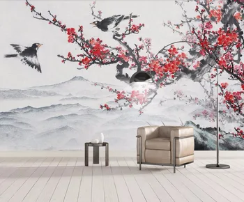 Beibehang Özel duvar kağıdı Çin çiçek ve kuş mürekkep el-boyalı erik manzara TV kanepe arka plan duvar resimleri 3d duvar kağıdı