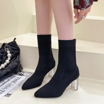 2023 Yeni Kış kadın ayakkabısı Örme Orta buzağı Çorap Çizmeler Sivri Burun Stiletto Elastik Tasarımcı bayan Botları 35-40 femme