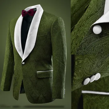 Moda Yeşil Jakarlı Erkek Takım Elbise Özel Tek Parça Blazer Erkek Ceket Bir Düğme Resmi İş Rahat Parti Ev Sahibi Özel