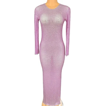 Renkli Shining Rhinestones Seksi uzun elbise Kadınlar İçin Akşam Ziyafet Giyim Sahne Şovmen Şarkıcı Kostümleri Parti Giyim