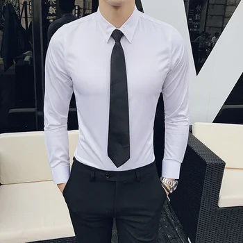 Erkek Beyaz Gömlek Yeni Uzun kollu Streç İnce Kore Versiyonu Saf Renk İş resmi giysi Moda erkek giyim Gömlek