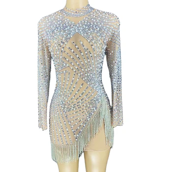 Parlak Kakma Rhinestones İnciler Uzun Kollu Kısa Elbiseler Sıska Elastik Gümüş Saçaklar Kadın Elbise Gece Kulübü Dans Gösterisi Giyim
