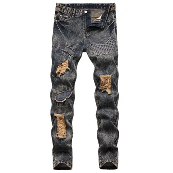 Erkek moda kot trendyol streetwear calca kaya streetwear hip hop yırtık yığılmış patchwork erkek kot pantolon