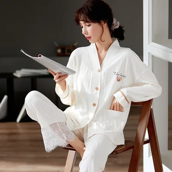 Kadın Sonbahar Ve Kış Uzun Kollu Pamuklu Basit Ve Tatlı Kızların Ev Giysileri Kimono Hırka Takım Elbise Pijama Takımı Dışında Giyilebilir
