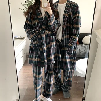 Ekose Baskı Sonbahar Iki Parçalı Ev Takım Elbise Kadın Çift Severler Vintage Pijama Set Pamuk Gecelik Takım Elbise Zarif Yumuşak Pamuk