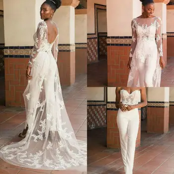 Peri Tulumlar Gelinlik Ayrılabilir Etek Dantel Aplike gelinlikler Ülke Artı Boyutu düğün elbisesi Robe De Mariee