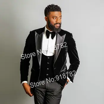 Damat Smokin Erkekler Düğün Takımları 2020 Siyah Kadife Ceket Yelek Doruğa Yaka Groomsmen Düğün Parti Elbise En İyi Adam Damat Takım Elbise