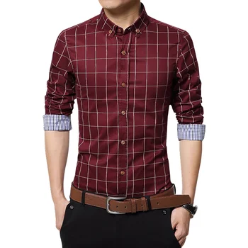 Ekose Pamuk Kahverengi Düğme Aşağı Rahat erkek gömleği Sonbahar Marka Erkek Giyim Slim Fit Uzun Kollu Gömlek Sosyal Artı Boyutu M-5XL