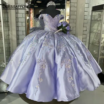 Leylak Kapalı Omuz Quinceanera elbise Balo Çiçek Aplikler Dantel Yay Geri Korse Tatlı 15 Kız Parti