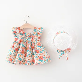 2022 Yaz Yenidoğan Bebek Giysileri Bebek Kız Giysileri sevimli Kore Baskı Kolsuz Pamuklu Plaj Elbise + Güneş Şapka Prenses Elbiseler