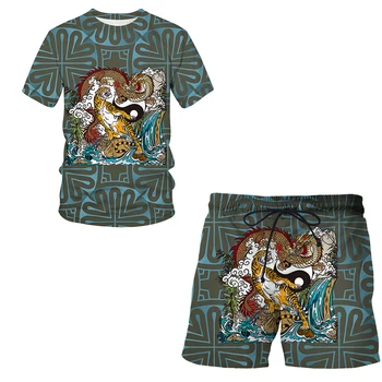 Erkek spor elbise T-shirt + şort egzersiz kıyafetleri 2 parçalı set Hayvan totem serisi 3D düz renk baskı kısa kollu Üstler