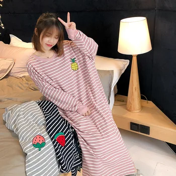 Nightgowns Kadınlar Sevimli Karikatür Gecelik Gevşek Kore Rahat Kızlar Şerit Nakış Pijama Kadın Pijama